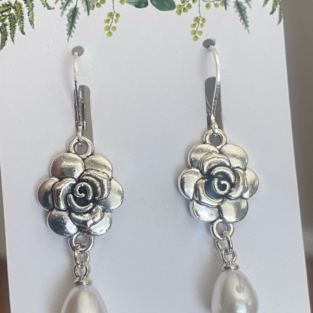 Silver Floral Drop Earrings with White Teardrop Pearl - Picture 3 of 4
